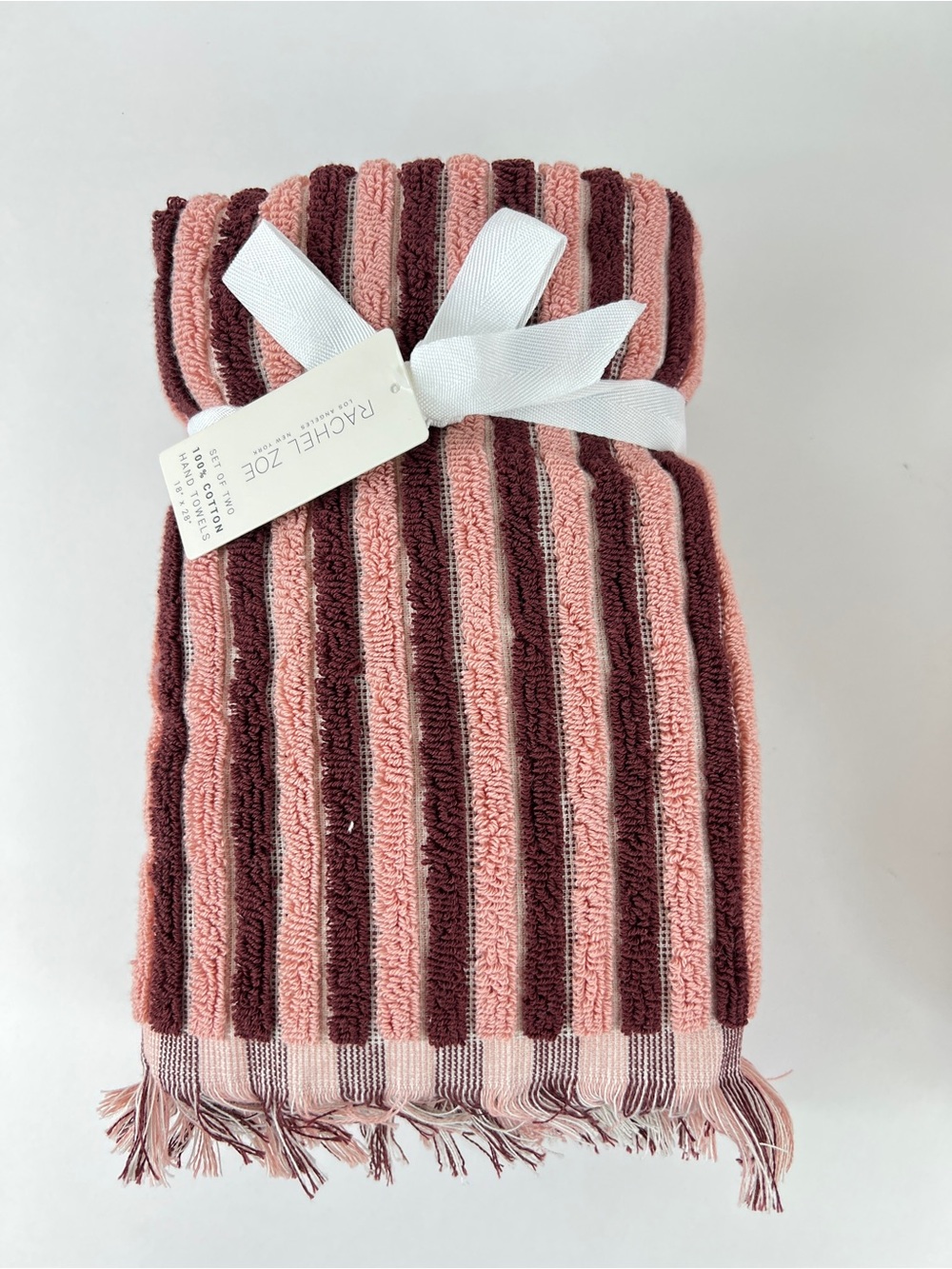 Rachel Zoe Pink & Burgundy Striped Cotton Hand Towels with Fringe 2 Pc Set NEW